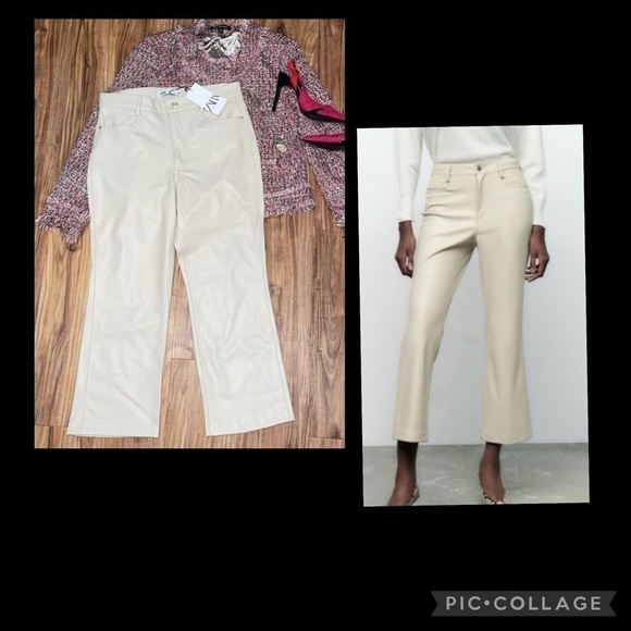 Zara Pants - Zara women’s pants 10 cropped cream faux veganleather pleather flared ankle tan